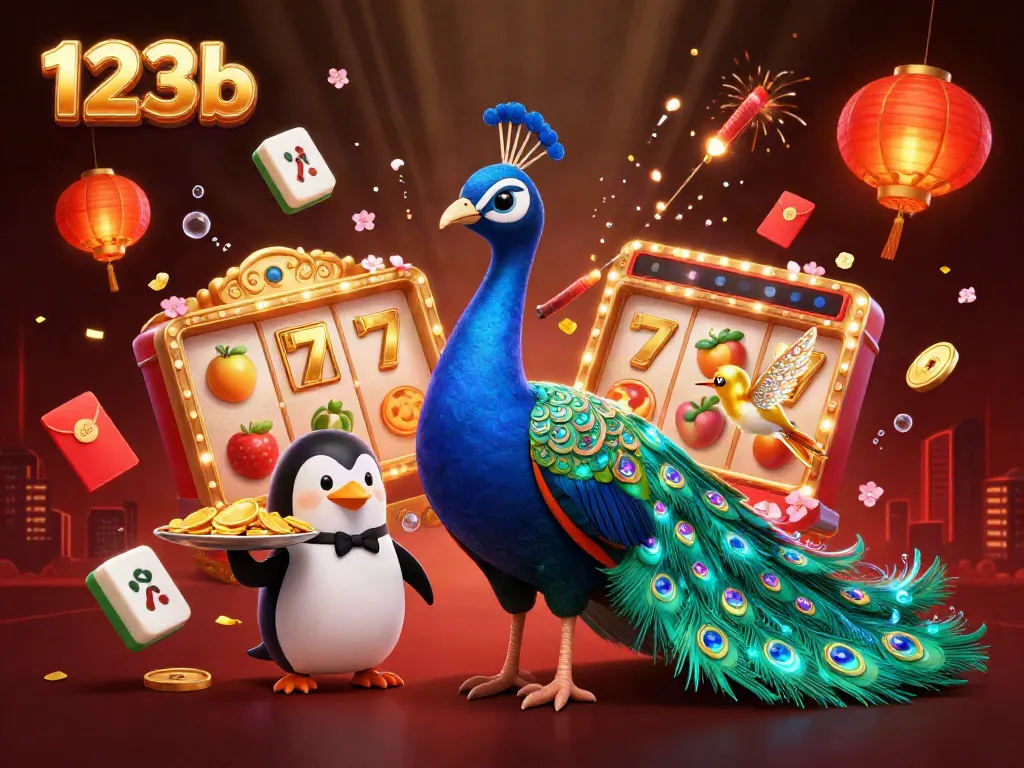 Exciting 123b casino scene with a majestic peacock and game elements like slots and golden chips.