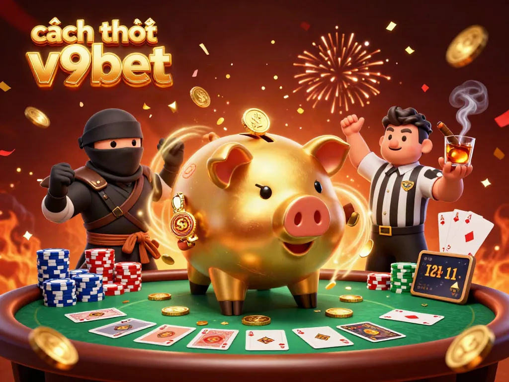 Engage with cách chơi v9bet through a festive 3D casino scene featuring dynamic characters and poker elements.