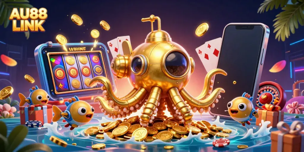 Engage in thrilling games at AU88 LINK with a vibrant scene featuring a kraken submarine and exciting casino elements.