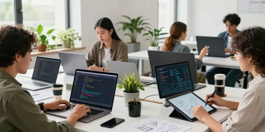 Find freelancers online in a collaborative workspace with diverse professionals engaged in creative projects.
