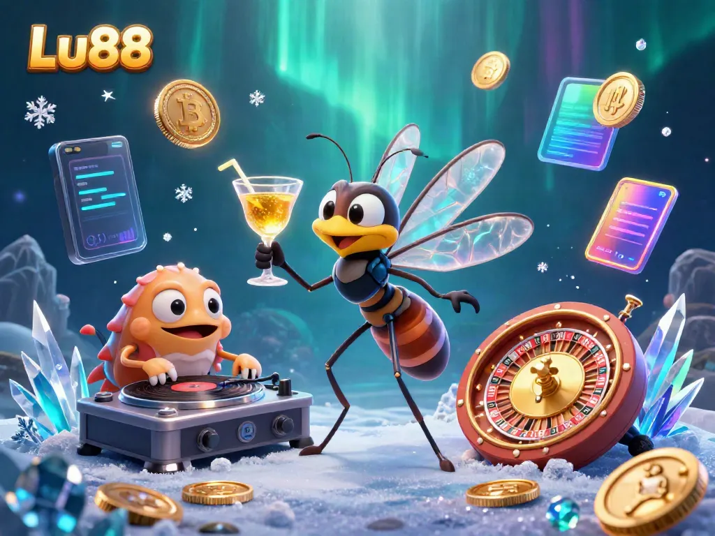 Engage with Lu88's thrilling gaming scene featuring a vibrant casino mascot, DJ, and roulette.