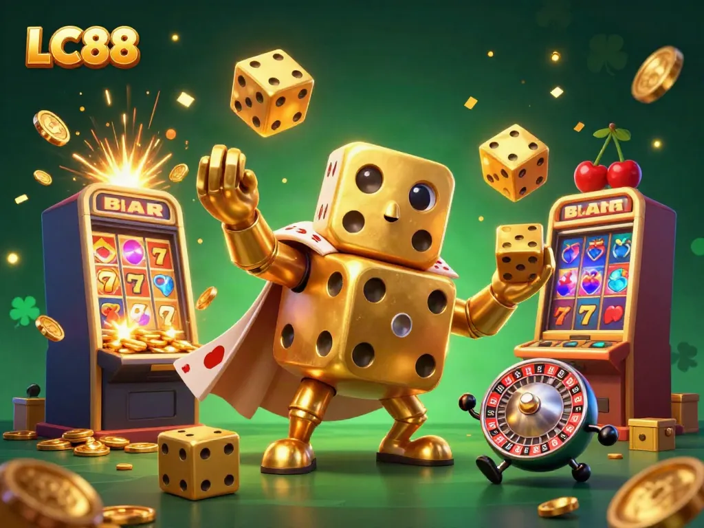Experience dynamic casino action with LC88's lively golden dice characters amid a jackpot scene.