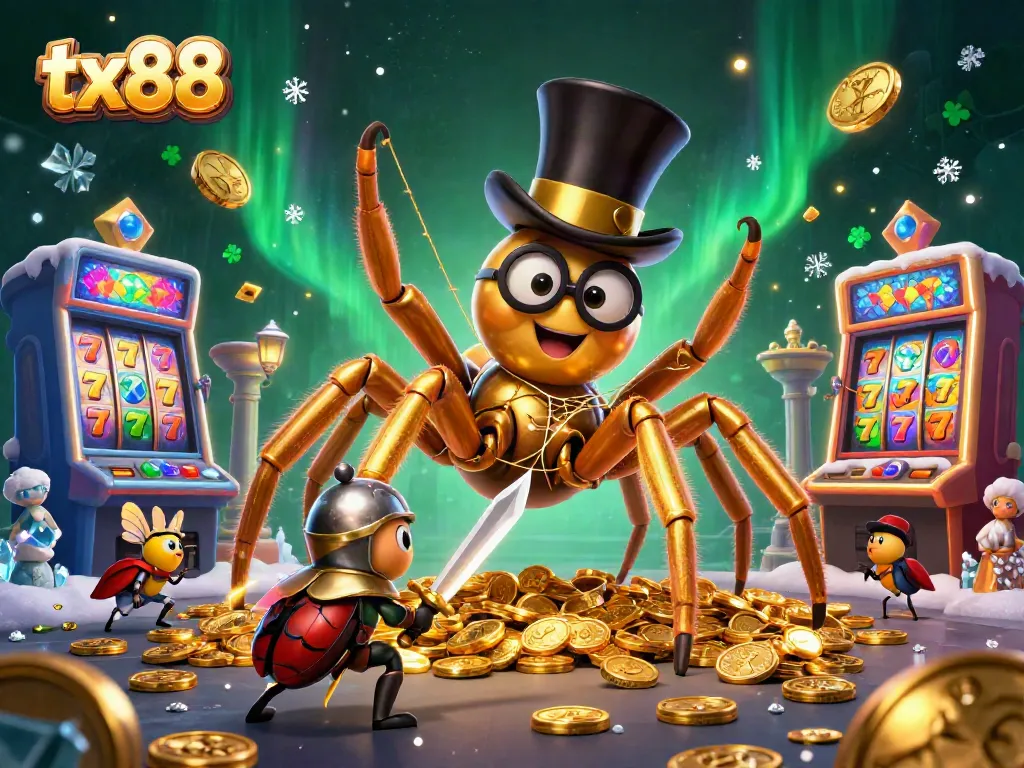 Engage with the exciting world of tx88 casino featuring a vibrant scene of gold coins, slot machines, and whimsical characters.