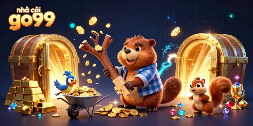Engage with exciting slot games at nhà cái go99, where golden coins rain from a beaver chopping a tree.