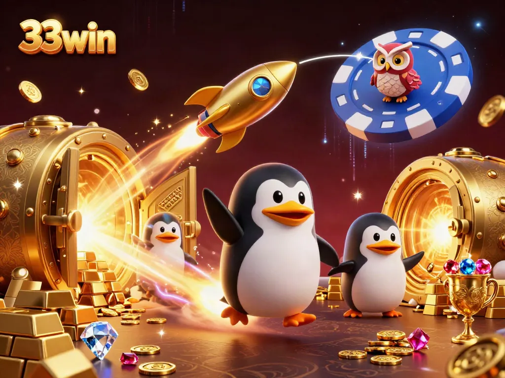 Experience excitement with 33win as the golden penguin zooms through space toward a luminous poker chip casino.