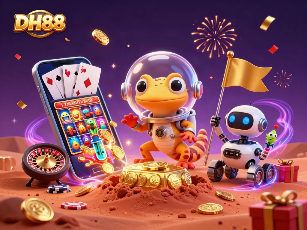 DH88 showcases a Martian gecko celebrating casino wins amid golden coins and festive elements.