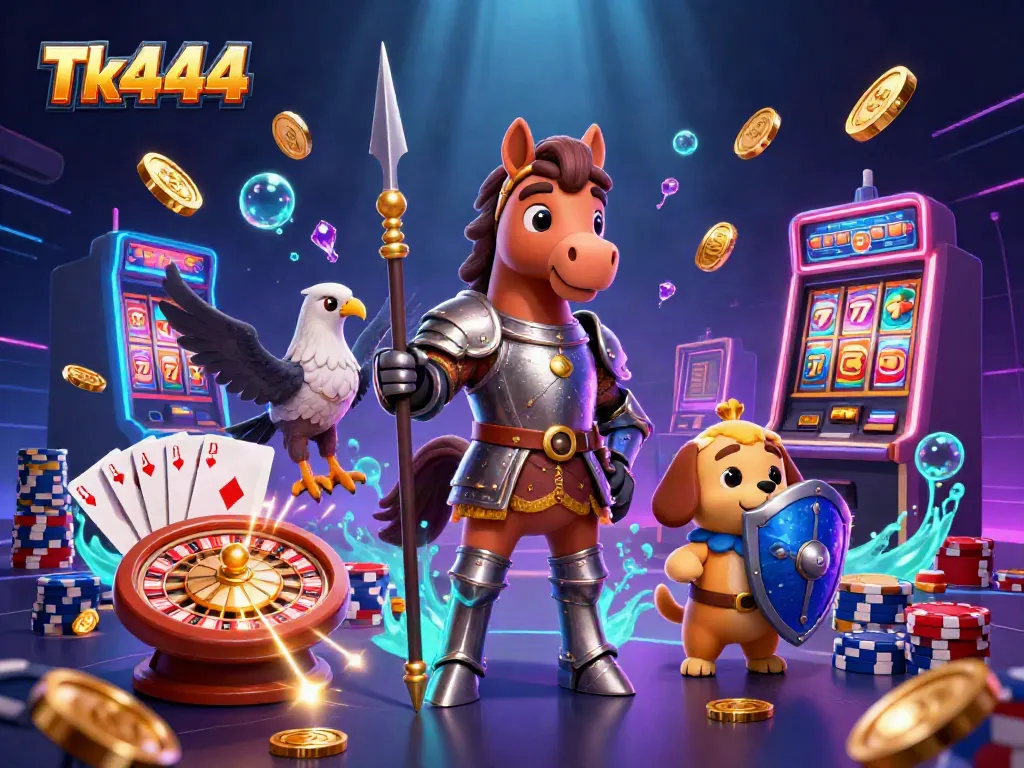 Experience the thrilling world of Tk444 with a knight, squire puppy, and falcon amidst casino elements.