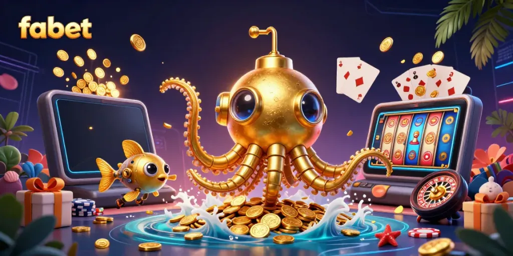 Experience thrills at fabet with a golden kraken submarine surrounded by casino symbols.
