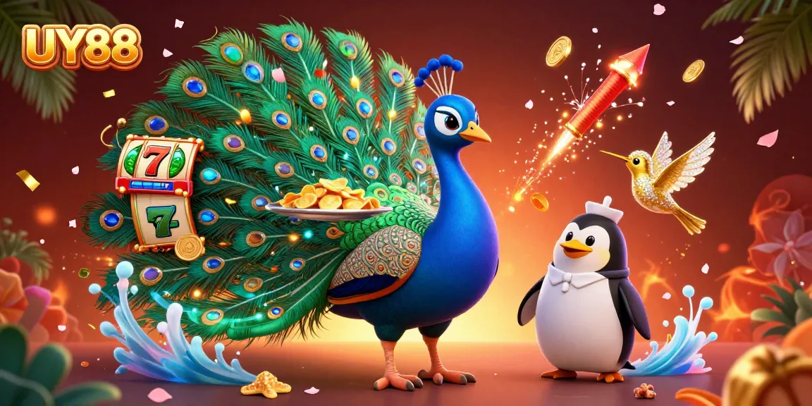 Spin thrilling slots with UY88's vibrant and energetic casino scene featuring sparkling reels and charismatic characters.