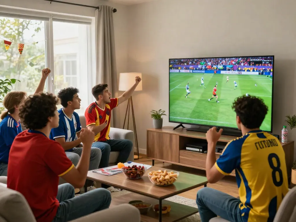 Excited fans engaging in a thrilling soccer match viewing on Thapcamtv with snacks and decorations.