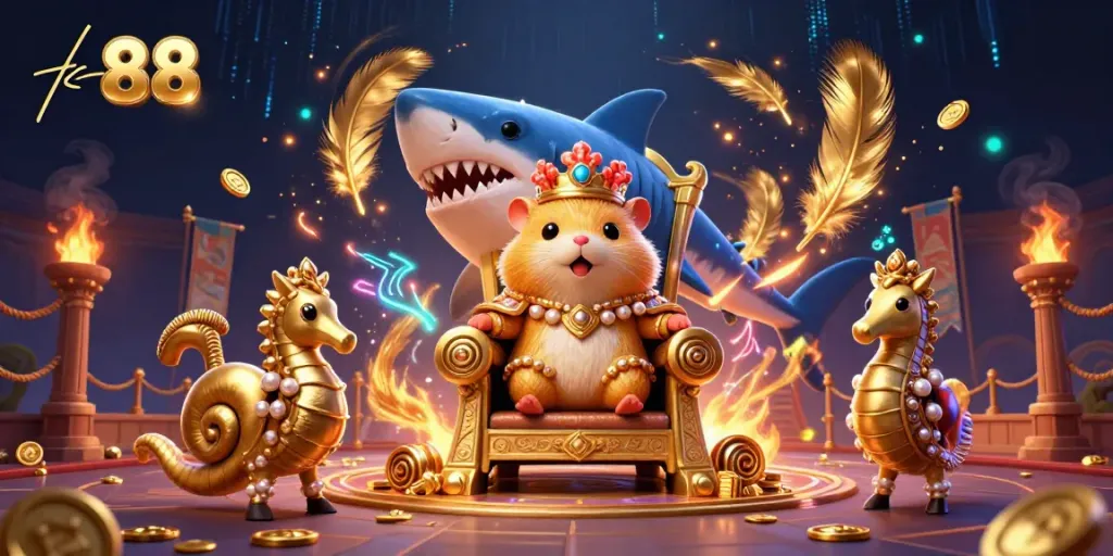 Engage with thrilling gaming action at tk 88 featuring the golden hamster king and sea creature guards in a dynamic casino scene.