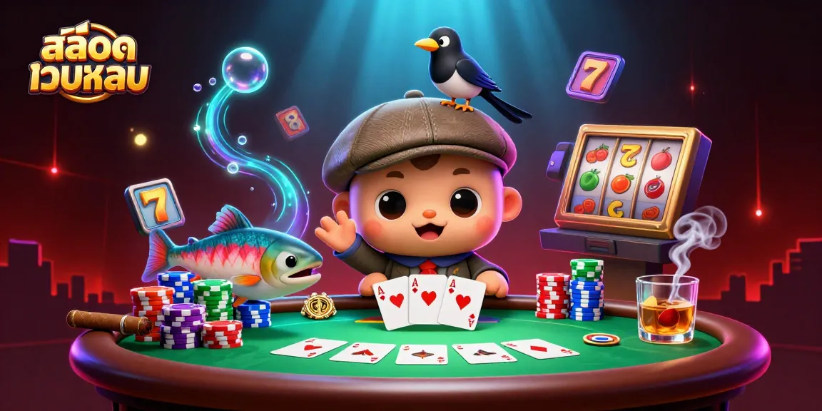 Play slots at สล็อตเว็บตรง with 3D cartoon baby Nessie and vibrant poker elements enriching the scene.