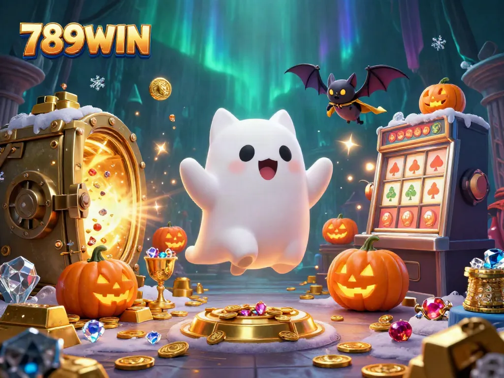 Engage in thrilling gameplay at 789WIN with the friendly ghost cat and treasure vault in an enchanting casino scene.