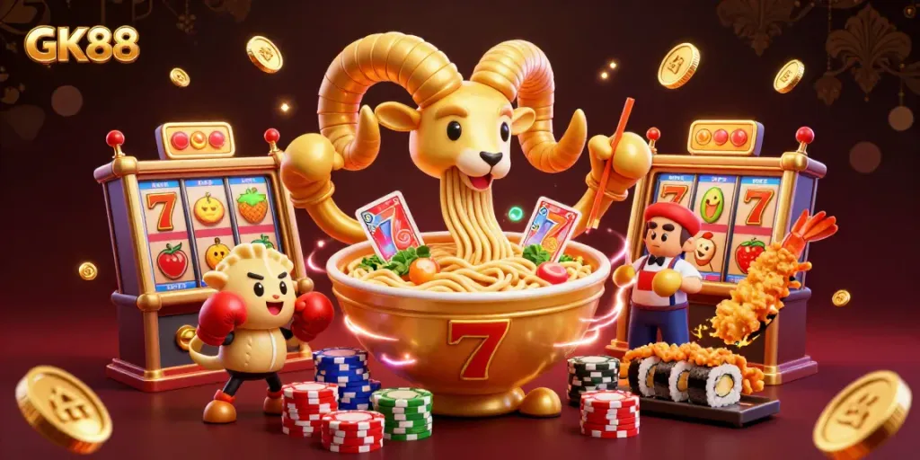 Engaging GK88 casino illustration showing a giant ramen bowl dealing cards and tokens amid vibrant slot elements.