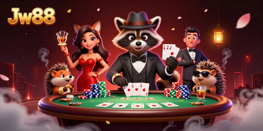 Play with Jw88 under vibrant lights alongside a suave raccoon, charming fox, and tough hedgehog.