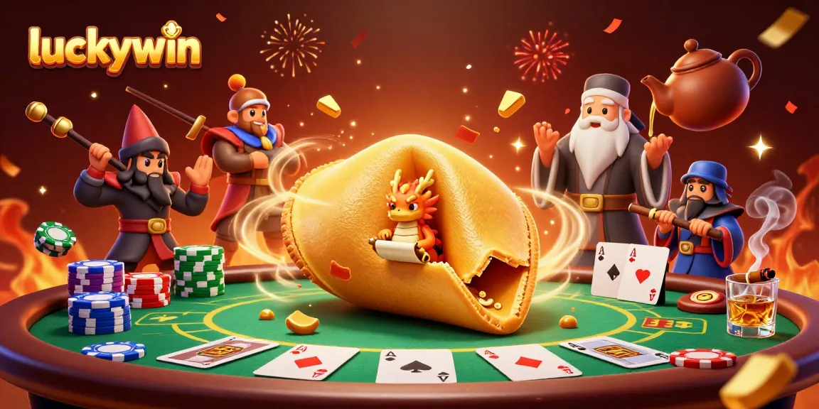 Engage with the luckywin casino experience in an enchanting 3D illustrated scene featuring a golden fortune cookie and poker elements.
