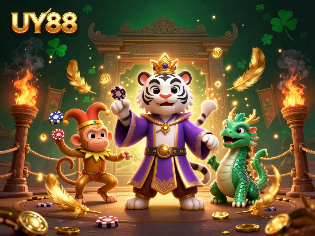 Experience the excitement of UY88 casino games in this lively 3D illustration featuring a royal tiger and whimsical monkey.