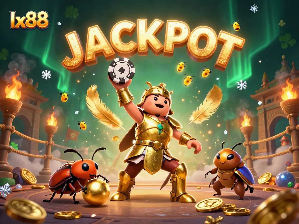 Engage in excitement at lx88 with a victorious hercules beetle lifting a poker chip amid golden casino elements.