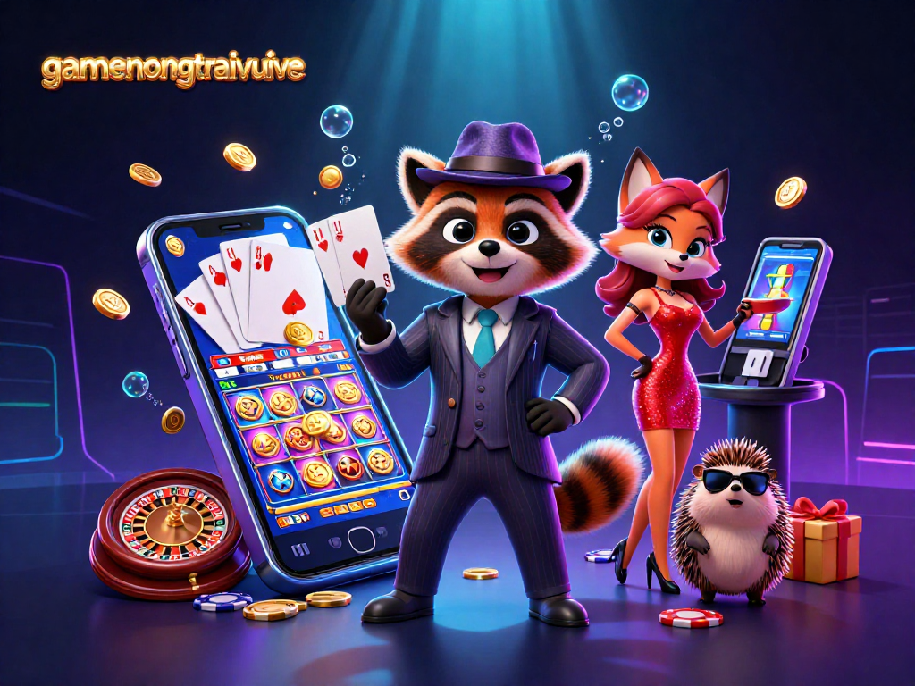 Experience gaming excitement with gamenongtraivuive's raccoon and fox duo in a vibrant casino scene.