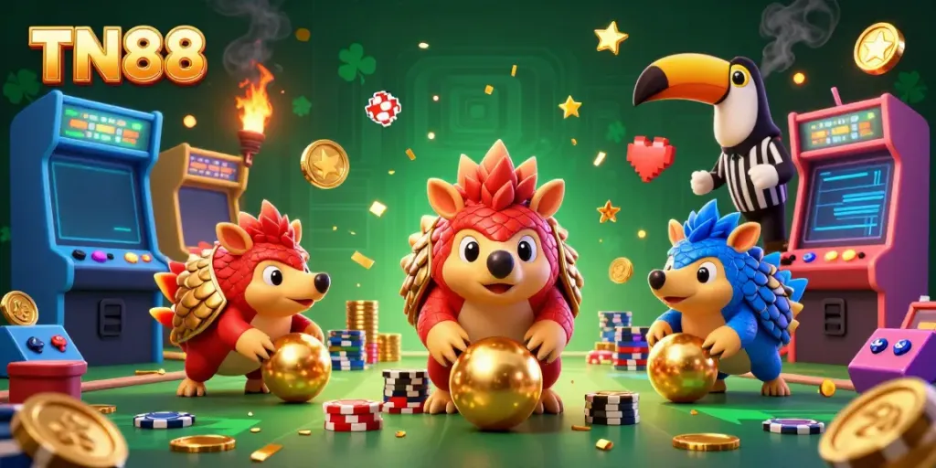 Engage in excitement with TN88 as pangolins roll golden balls and poker chips in a thrilling casino arcade.