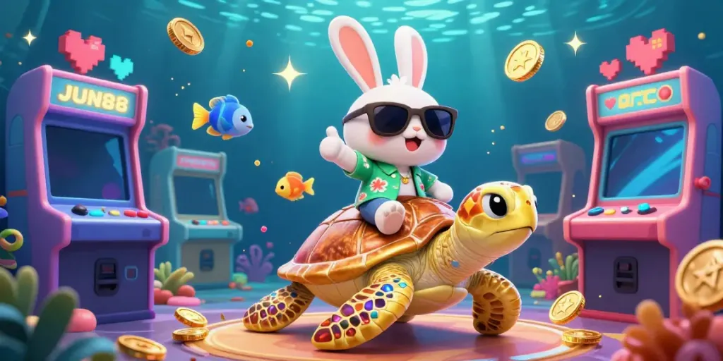 Experience immersive gaming with JUN88's vibrant underwater scene featuring a lucky rabbit and golden turtle.
