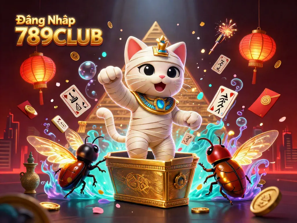 Win with Đăng Nhập 789CLUB in a vibrant 3D casino scene featuring an Egyptian mummy cat.