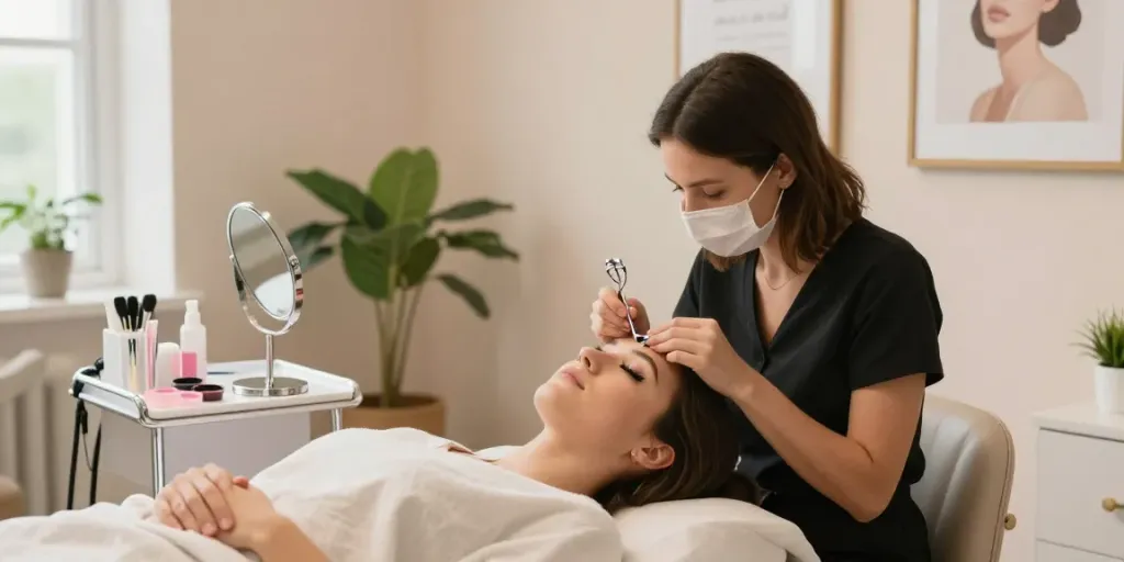 Lash Lift Colchester: Professional beauty technician applying lash lift treatment in a serene salon environment.