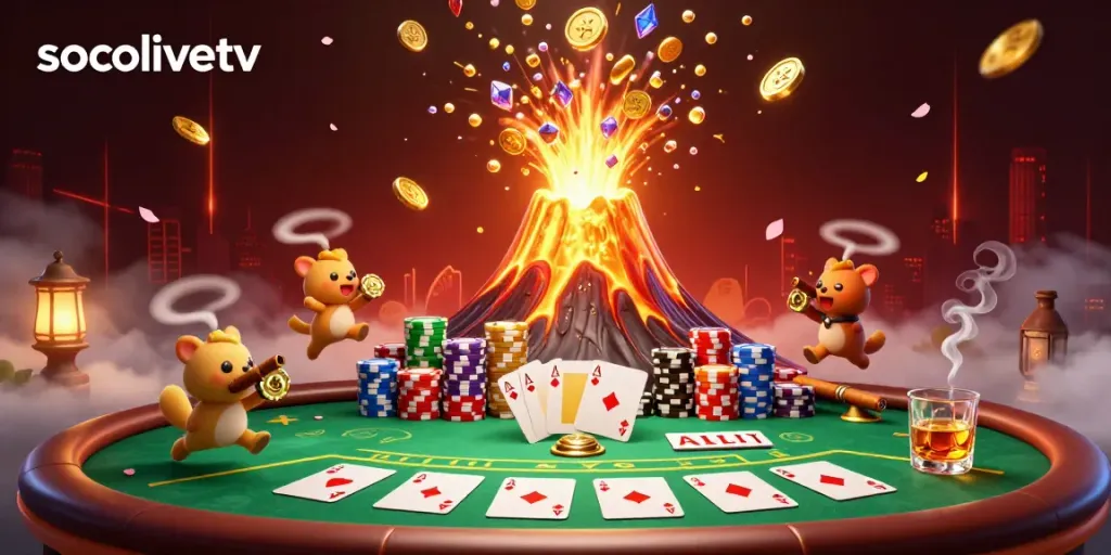 Experience the excitement of socolivetv with a dynamic scene of a golden volcano erupting treasures amidst a vibrant gambling atmosphere.