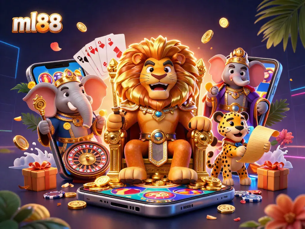 Spin the reels at ml88 with a regal lion king, wise elephant, and swift cheetah amidst vibrant casino elements.