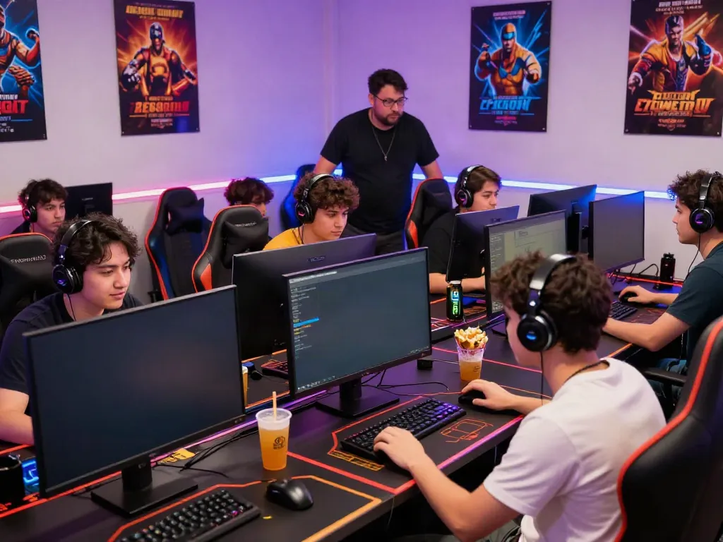 Players enjoying 9bet gaming with colorful lighting and snacks in a lively atmosphere.