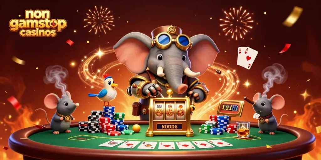 Engage with non gamstop casinos featuring a playful steampunk elephant and dynamic gaming elements.