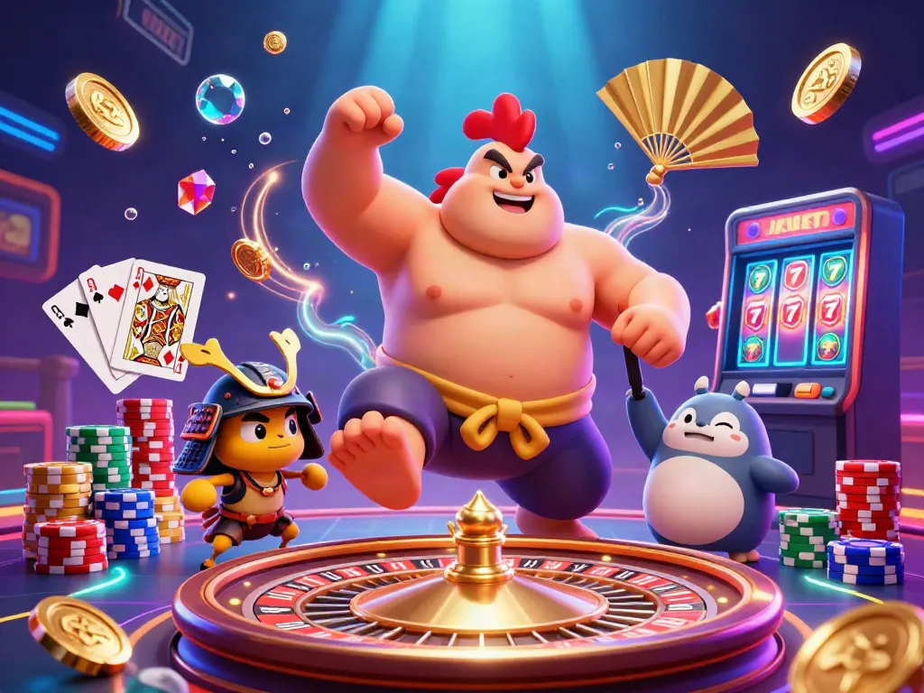Experience the thrill of ONBET with a powerful sumo rooster character in a vibrant casino scene filled with fortune.