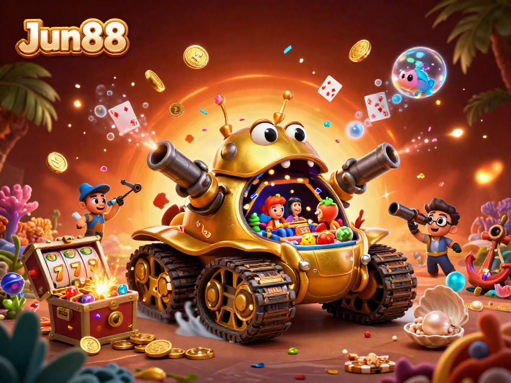 Experience thrilling gaming action with Jun88: a vibrant 3D casino featuring slots and casino elements.