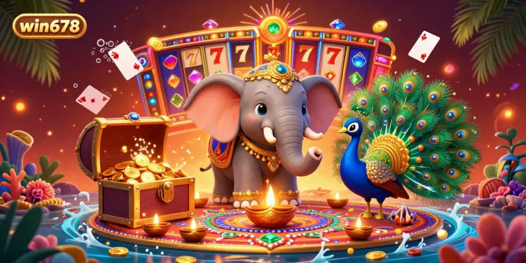Engage in vibrant casino experiences with win678, featuring a colorful elephant and gaming elements.