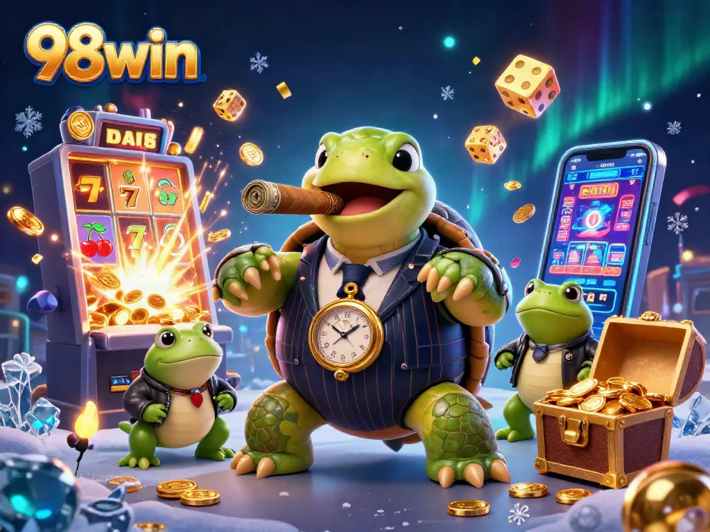 Experience the excitement of 98win with a vibrant casino scene featuring animated characters and games.