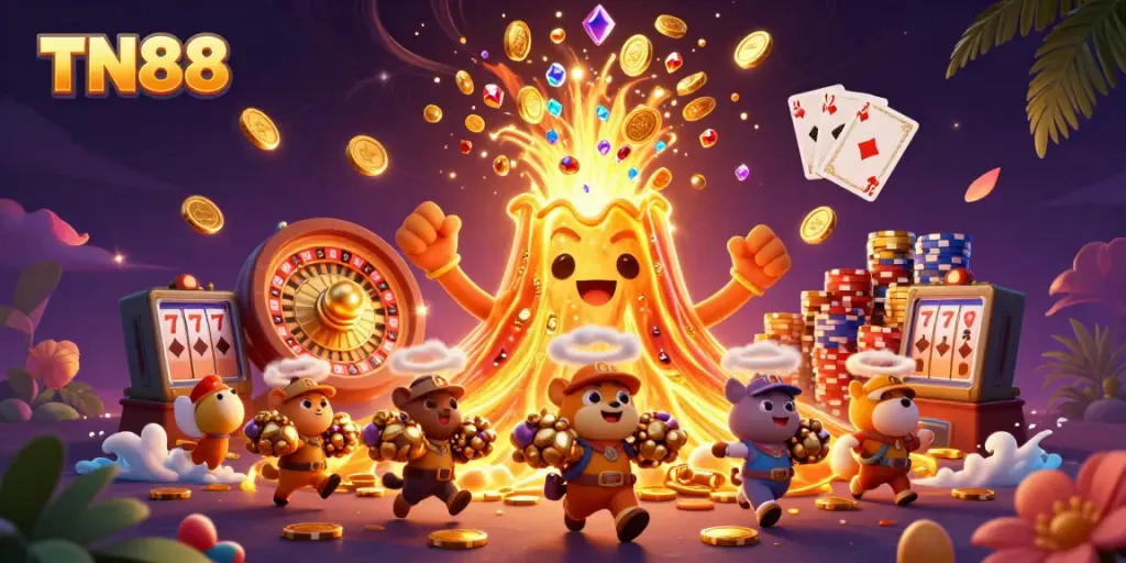 Experience the thrill of TN88's casino adventure with a golden volcano erupting treasure and excitement.