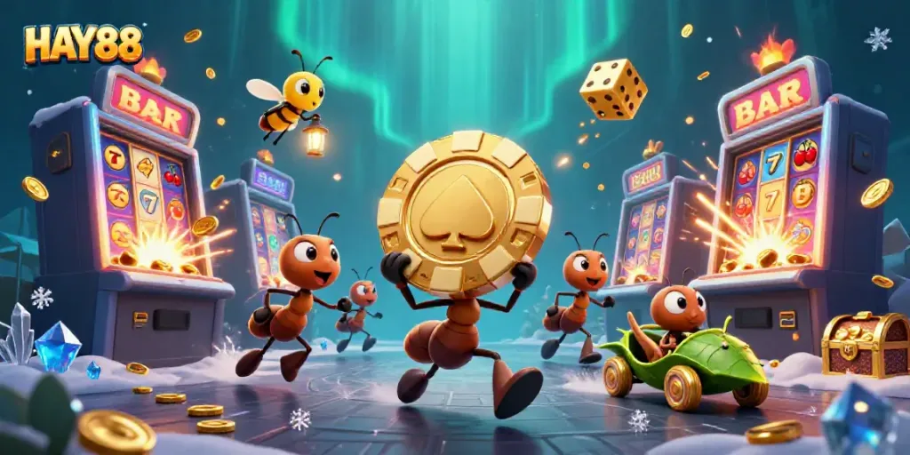 Engage in fun at HAY88 with a thrilling 3D casino heist scene featuring ants and jackpot elements.