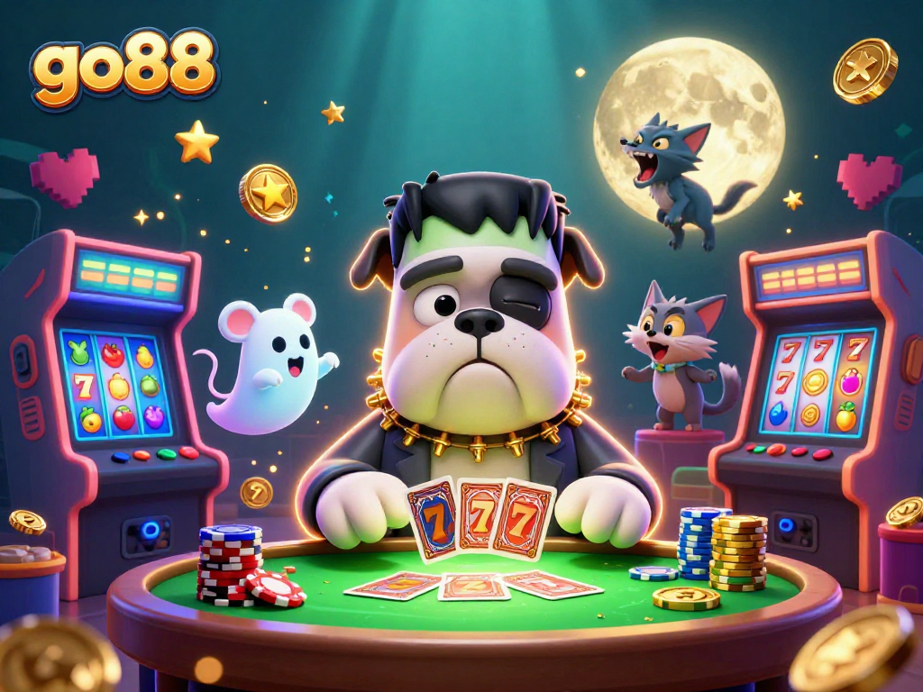 Experience go88's thrilling casino atmosphere with a cartoon monster dealing cards at a spooky table.