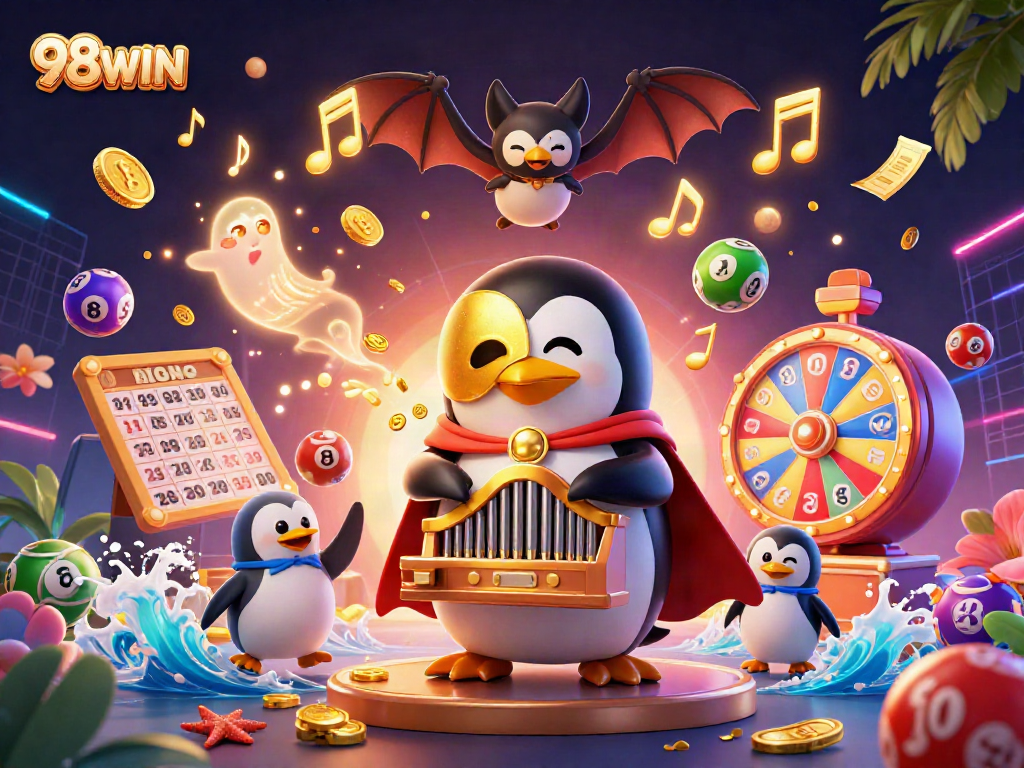 Experience the thrill of 98WIN with an energetic scene of a penguin in a mask, lottery action, and golden coins.