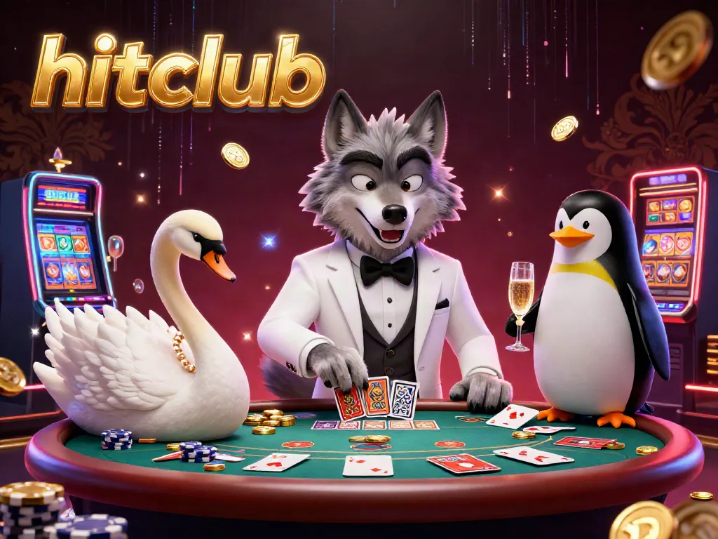 hitclub players enjoy a dynamic baccarat game with a debonair wolf, elegant swan, and sophisticated penguin