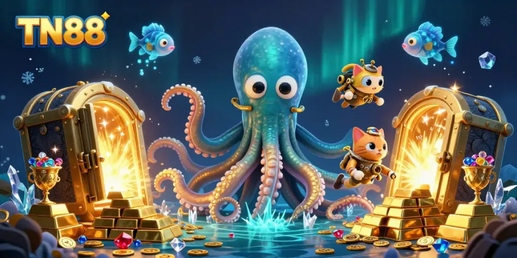 Engage with TN88 as the kraken and diving cat uncover treasures in a vibrant casino scene.
