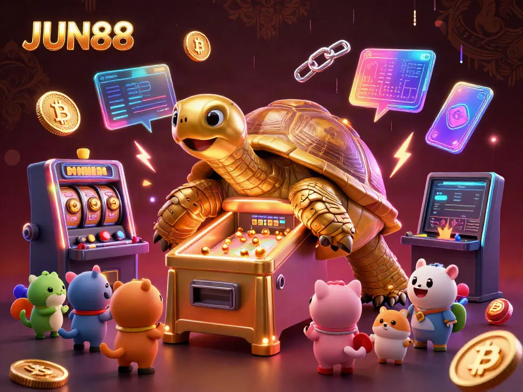 Engage with JUN88's exciting games featuring a colossal pinball tortoise and vibrant crypto elements.