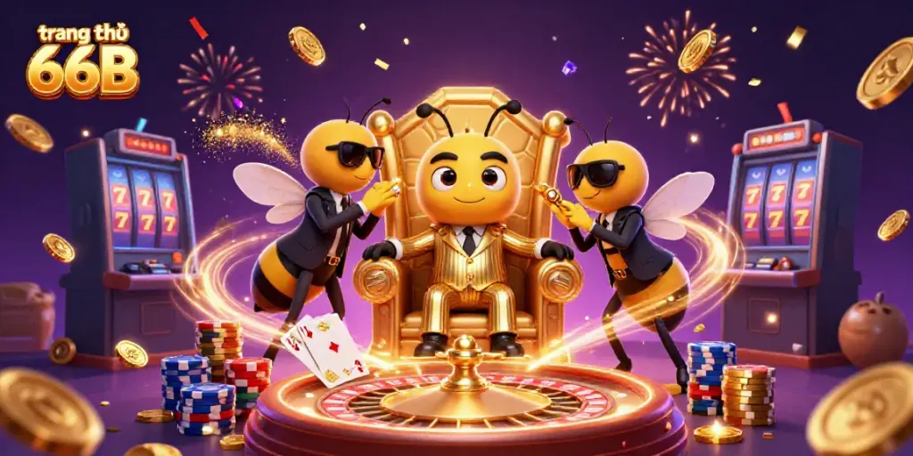 Engage with the vibrant scene of trang chủ 66B showcasing a 3D bumblebee mob boss surrounded by casino excitement.