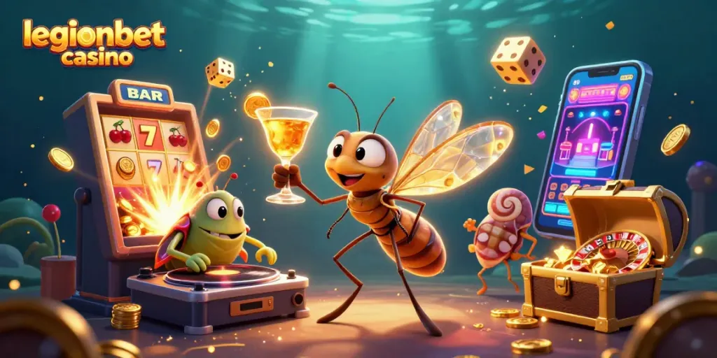 Play thrilling games at legionbet casino with a vibrant, engaging 3D illustration of casino elements.