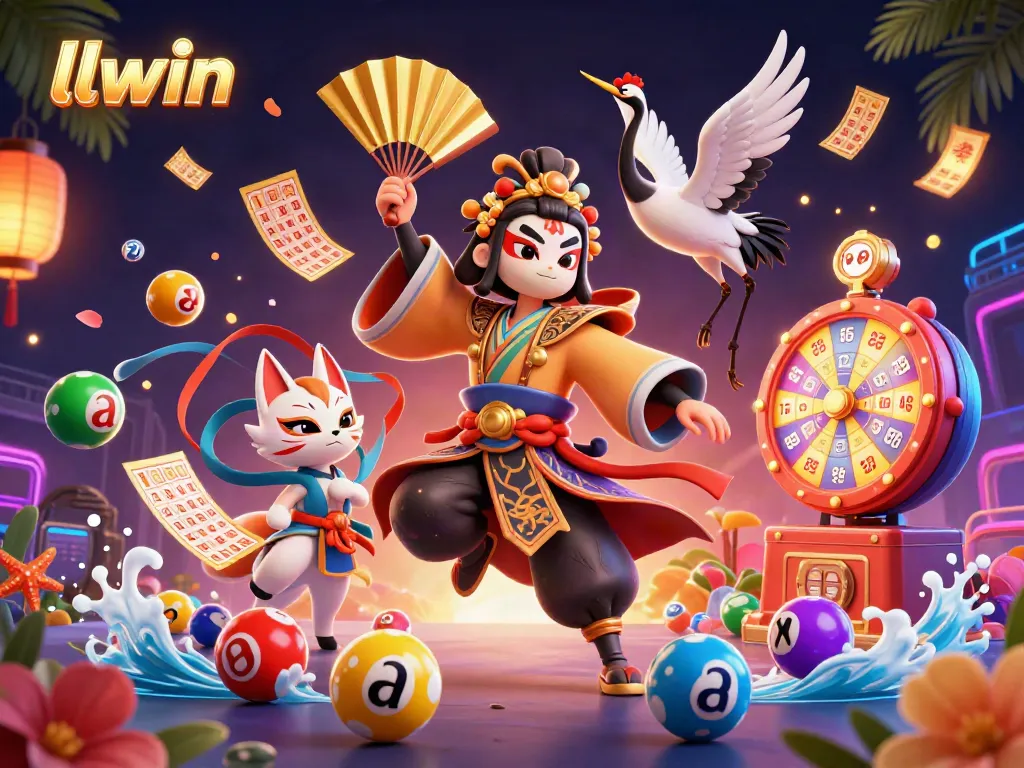 Engage in llwin gaming with lively illustrations of kabuki warrior and sensational casino elements surrounding them.