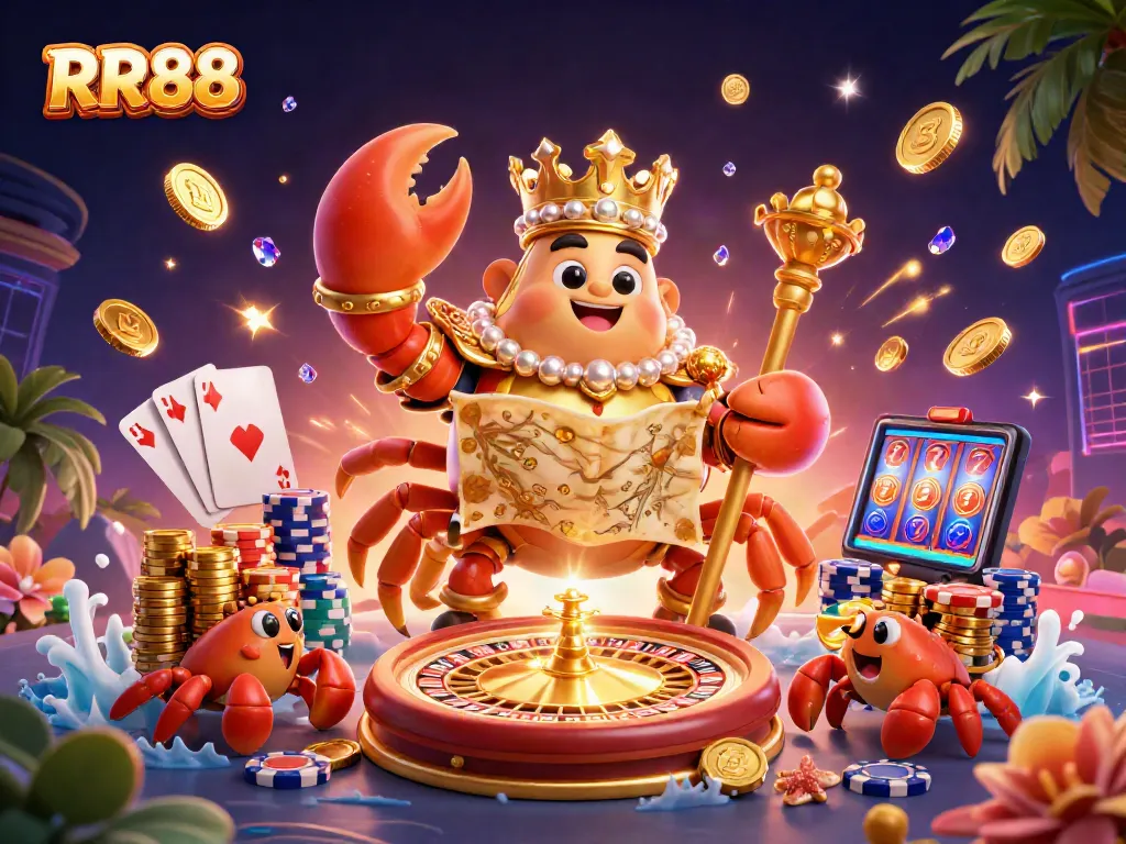 Experience thrilling winnings at RR88 with an emperor crab, golden chips, and casino games.