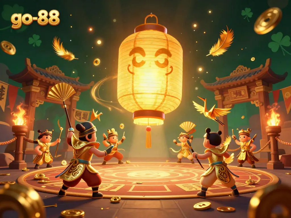 Experience the vibrant energy of go-88 with a dynamic scene featuring a golden lantern spirit and casino elements.