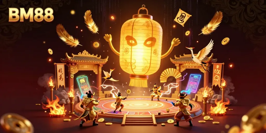 Experience thrilling gameplay at BM88 with a glowing lantern spirit and golden warriors above an engaging online casino arena.