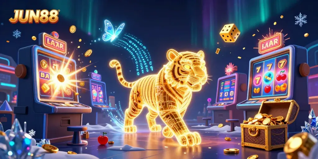 JUN88's vibrant digital casino scene showcases a golden tiger, rich in detail and dynamic elements.