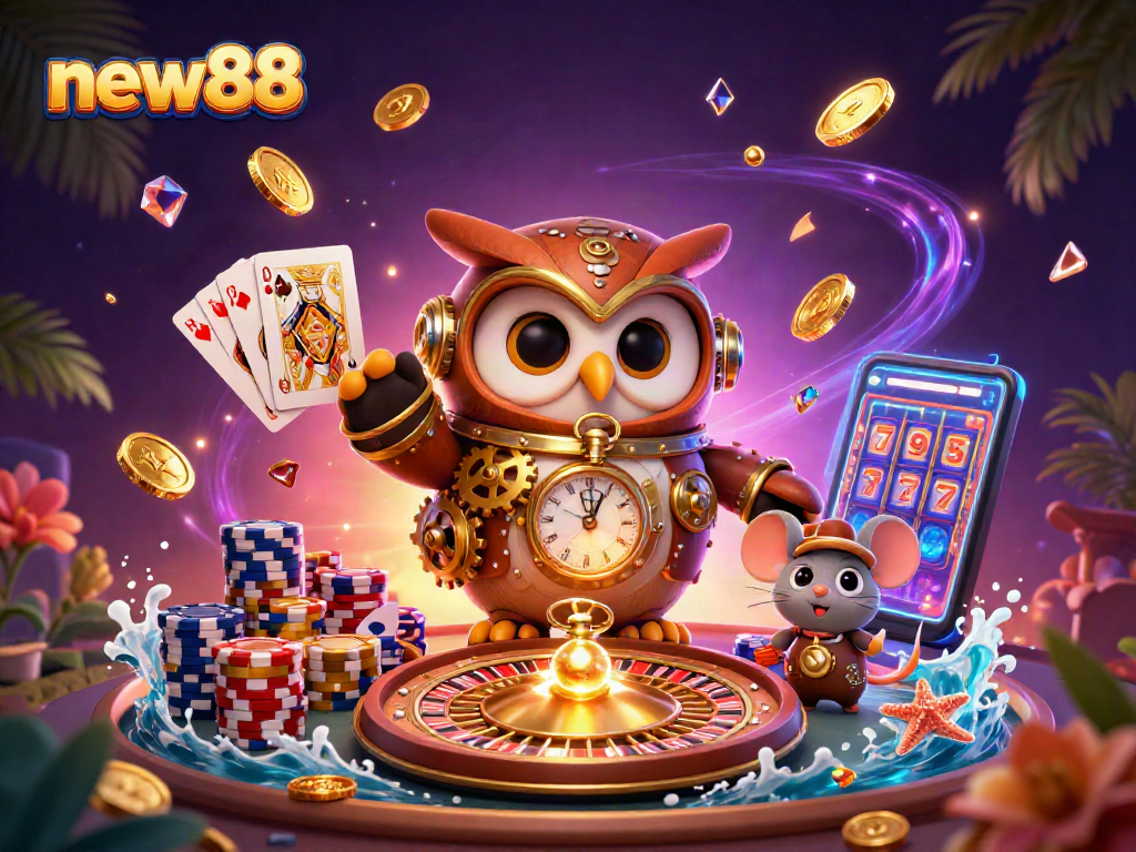 Experience new88 casino thrills with a 3D owl and mouse amidst golden coins and vibrant gaming elements.